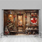 Aperturee - Aperturee Rustic Canadian Christmas Photography Backdrop Wood Cabin with Maple Leaf Flag Snowy Winter Holiday Photo Prop